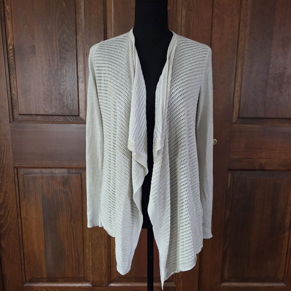 Caché Women's Off White W/ Gold Shimmer Long Sleeve Cardigan - Medium